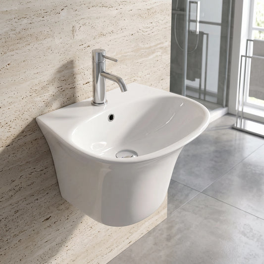 OVAL Wall Hung Wash Basin c/w Fixing Bolts - White in a room setting
