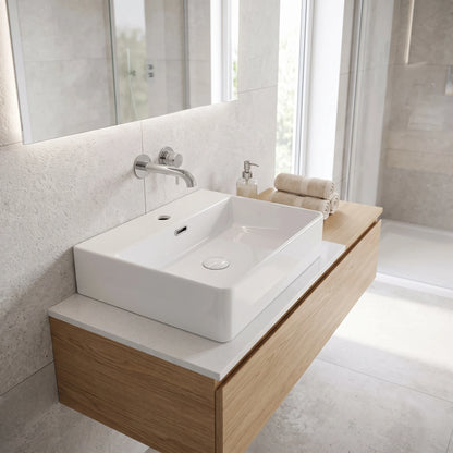 Square Above Counter/ Wall Hung Wash Basin c/w Fixing Bolts - White in a room setting