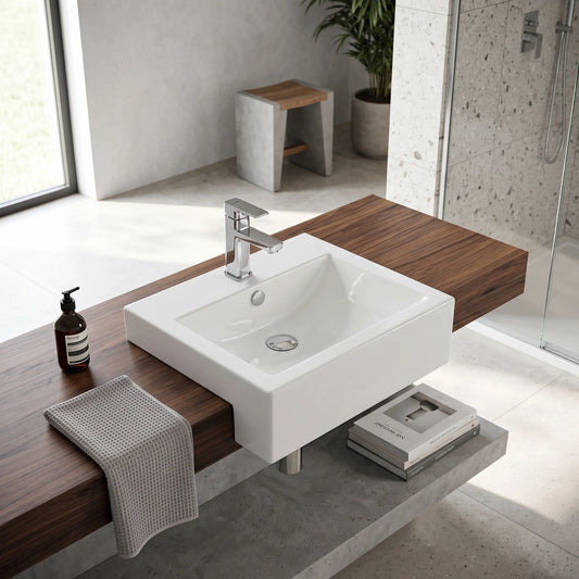 Rectangular Semi-Recessed Wash Basin - White in a room setting