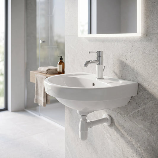 Wall Hung Wash Basin c/w Fixing Bolt - White in a room setting