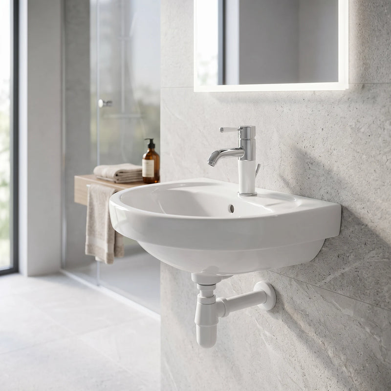 Wall Hung Wash Basin c/w Fixing Bolt - White in a room setting