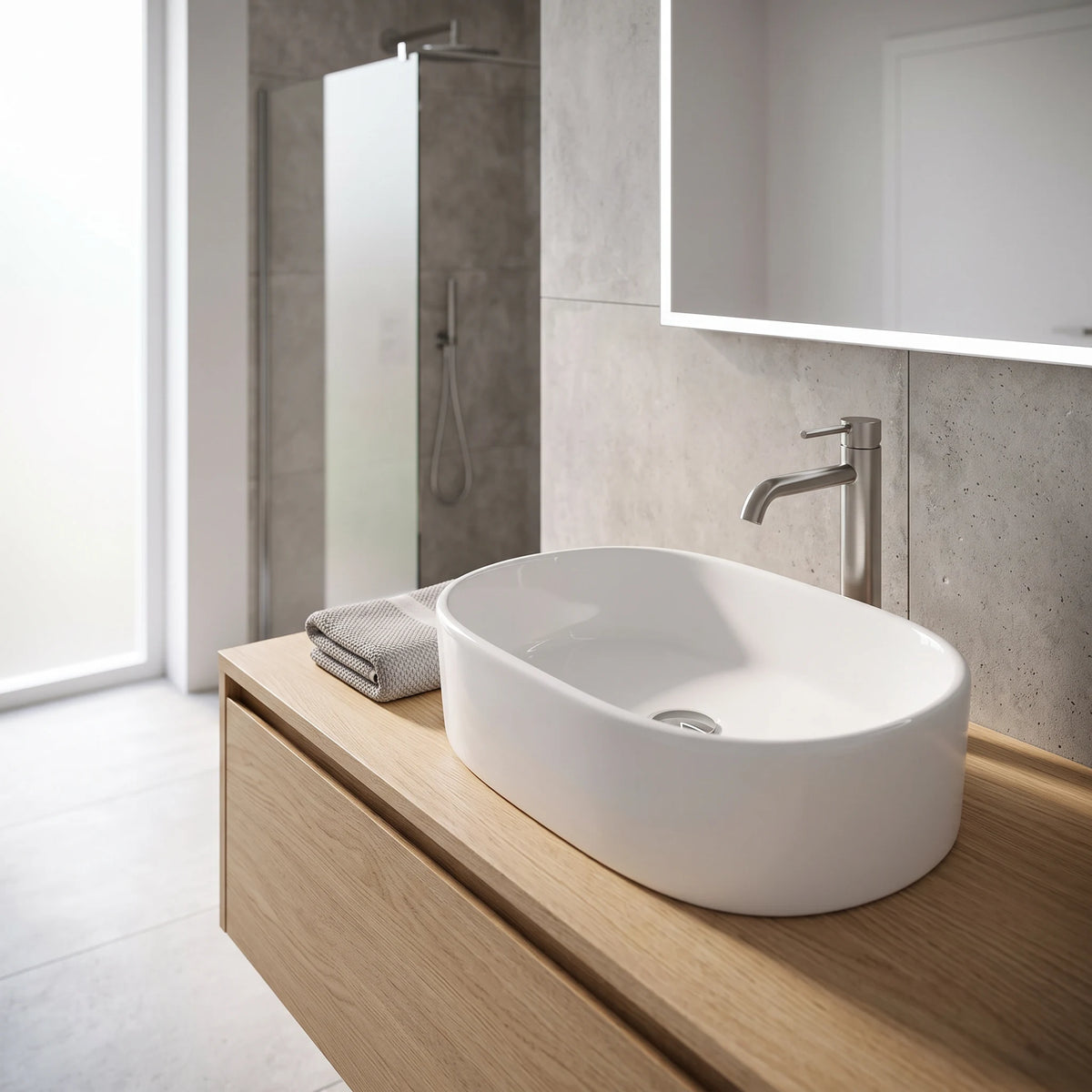 Oval Above Counter Wash Basin - White in a room setting