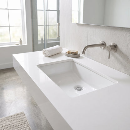 Rectangular Under Counter Wash Basin with Oveflow - White in a room setting