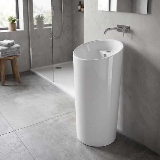Round Free Standing Wash Basin - White in a room setting