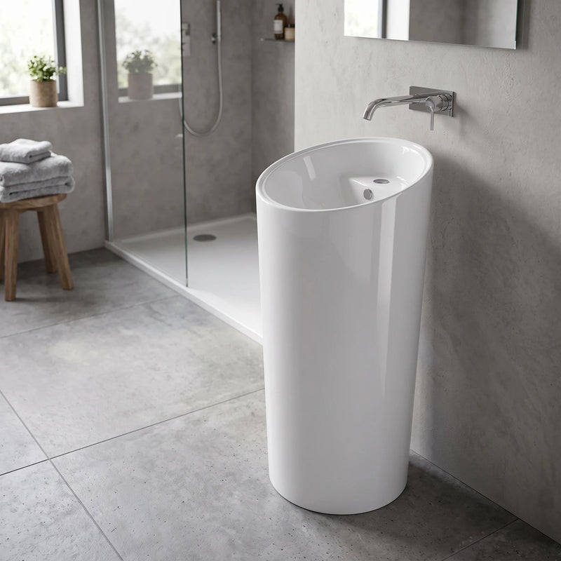 Round Free Standing Wash Basin - White in a room setting