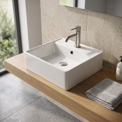 Square Above Counter / Wall Hung Wash Basin - White in a room setting