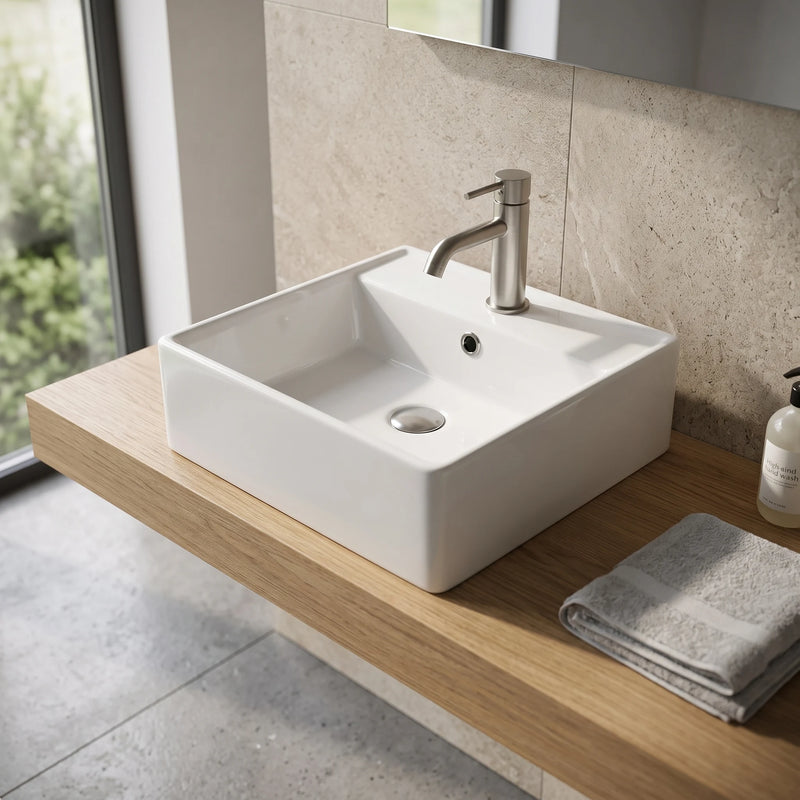 Square Above Counter / Wall Hung Wash Basin - White in a room setting