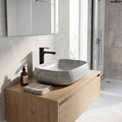 Rectangular Above Counter Wash Basin c/w Waste - Marble Grey in a room setting