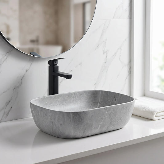 Rectangular Above Counter Wash Basin c/w Waste - Marble Grey in a room setting