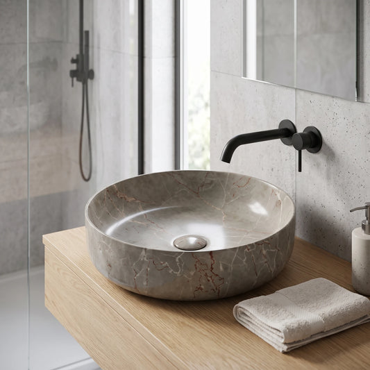 Round Above Counter Wash Basin c/w Waste - Marble Brown in a room setting