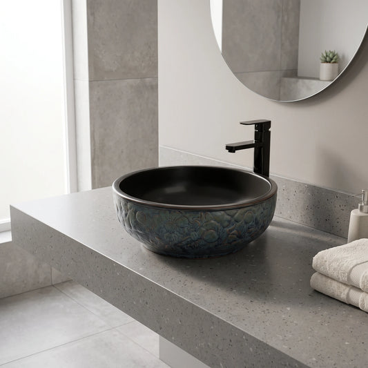 Round Above Counter Wash Basin c/w Waste - Matte Black in a room setting