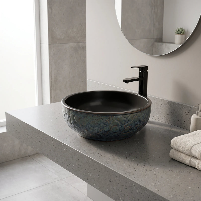 Round Above Counter Wash Basin c/w Waste - Matte Black in a room setting