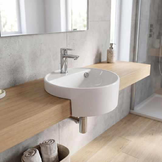 Round Semi-Recessed Wash Basin - White in a room setting