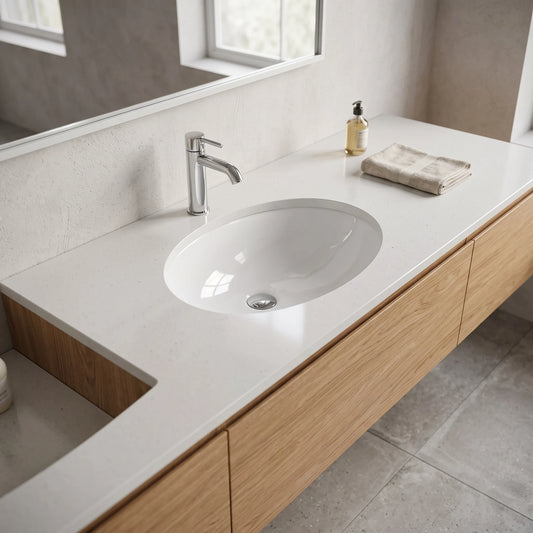 Oval Under Counter Wash Basin with Overflow - White in a room setting
