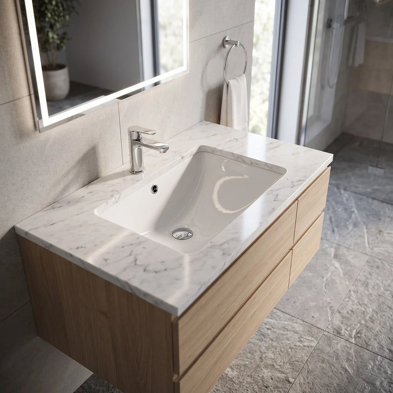 Rectangular Under Counter Wash Basin with Overflow - White in a room setting
