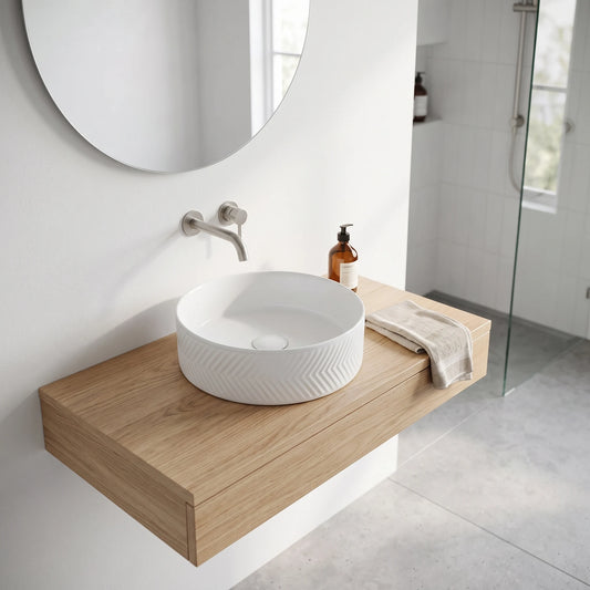 Round Above Counter Wash Basin - White in a room setting