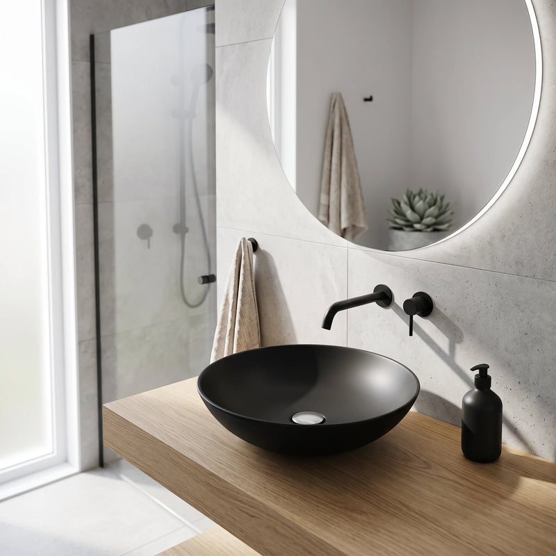 Round Above Counter Wash Basin - Matt Black in a room setting