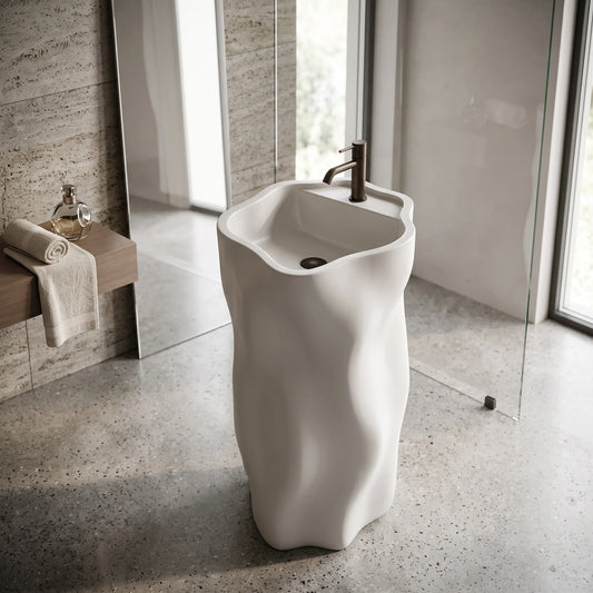 Polystone Free Standing Wash Basin - Cream White in a room setting