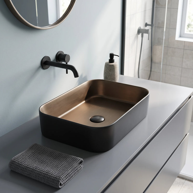 Rectangular Above Counter Wash Basin - Matt Black & Red Copper in a room setting