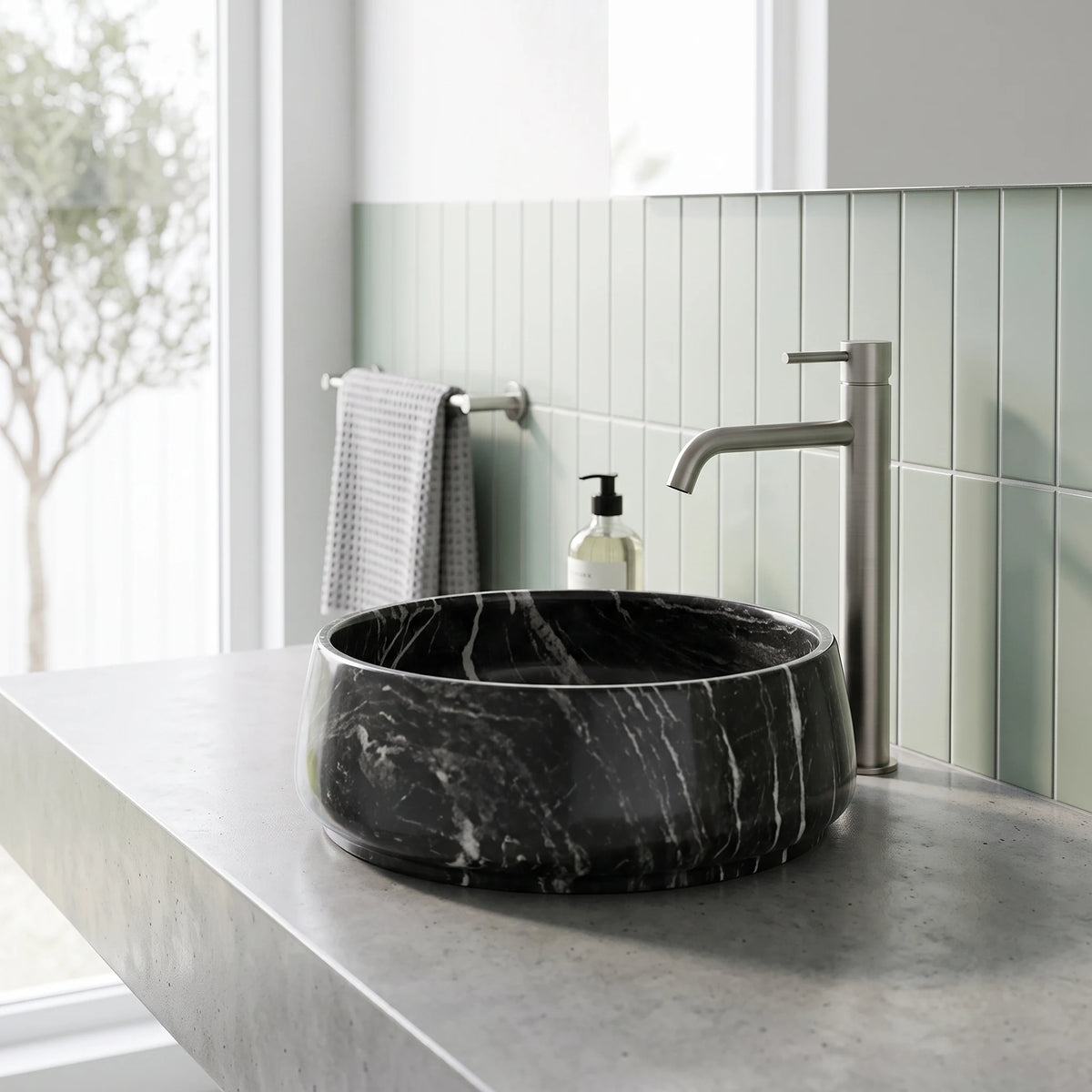 Round Above Counter Wash Basin - Matt Marble in a room setting