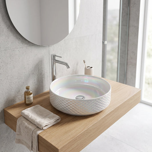 Round Above Counter Wash Basin c/w Waste - Pearl Glaze in a room setting
