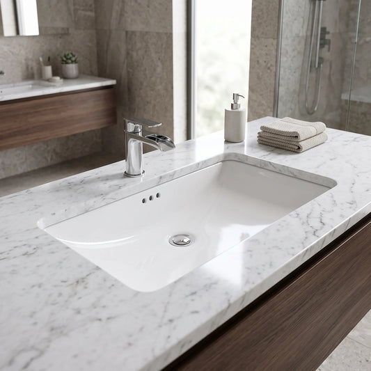 Rectangular Under Counter Wash Basin - White in a room setting