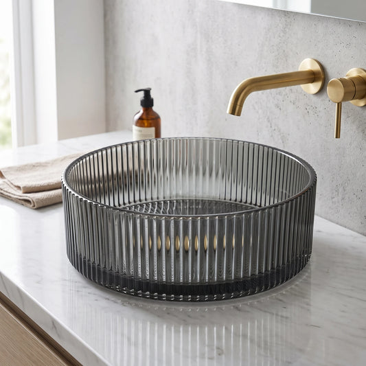 Round Glass Vessel Sink - Transparent Black in a room setting
