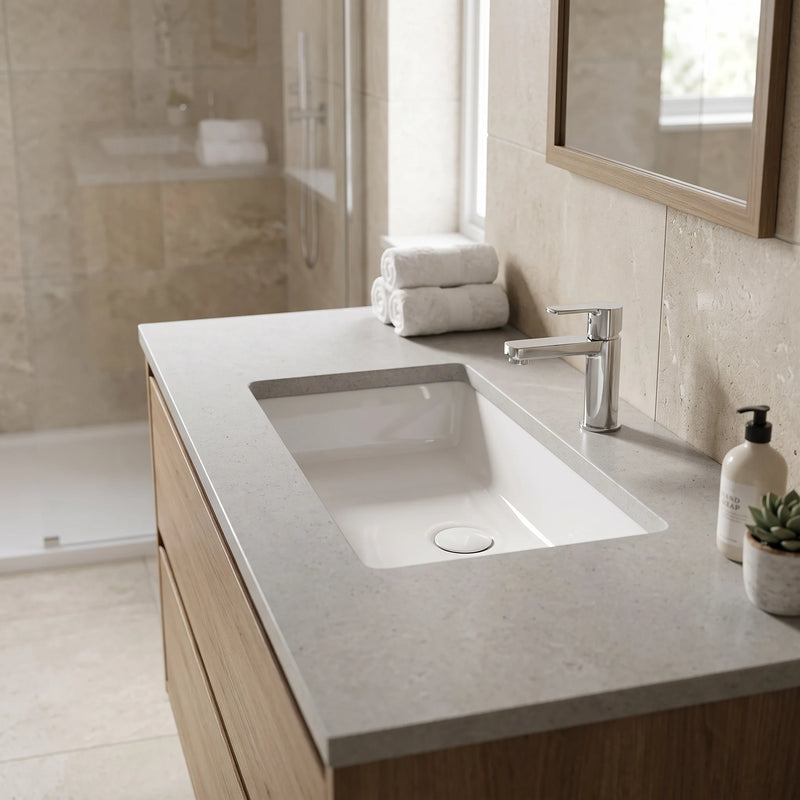 Rectangular Under Counter Wash Basin - White in a room setting