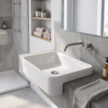 Rectangular Semi-Recessed Wash Basin - White in a room setting