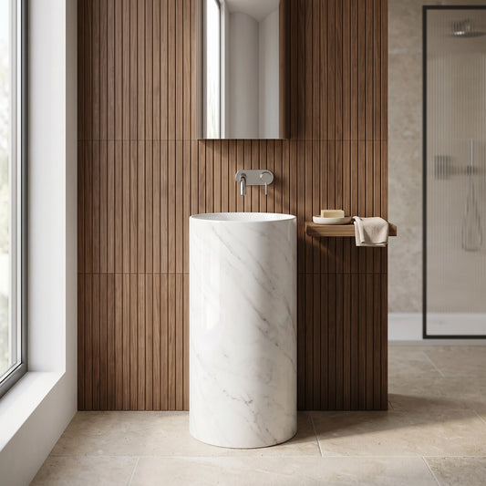 Round Free Standing Wash Basin c/w Waste - Marble White in a room setting