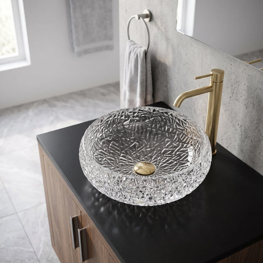 Round Glass Vessel Sink c/w O Ring - Transparent in a room setting