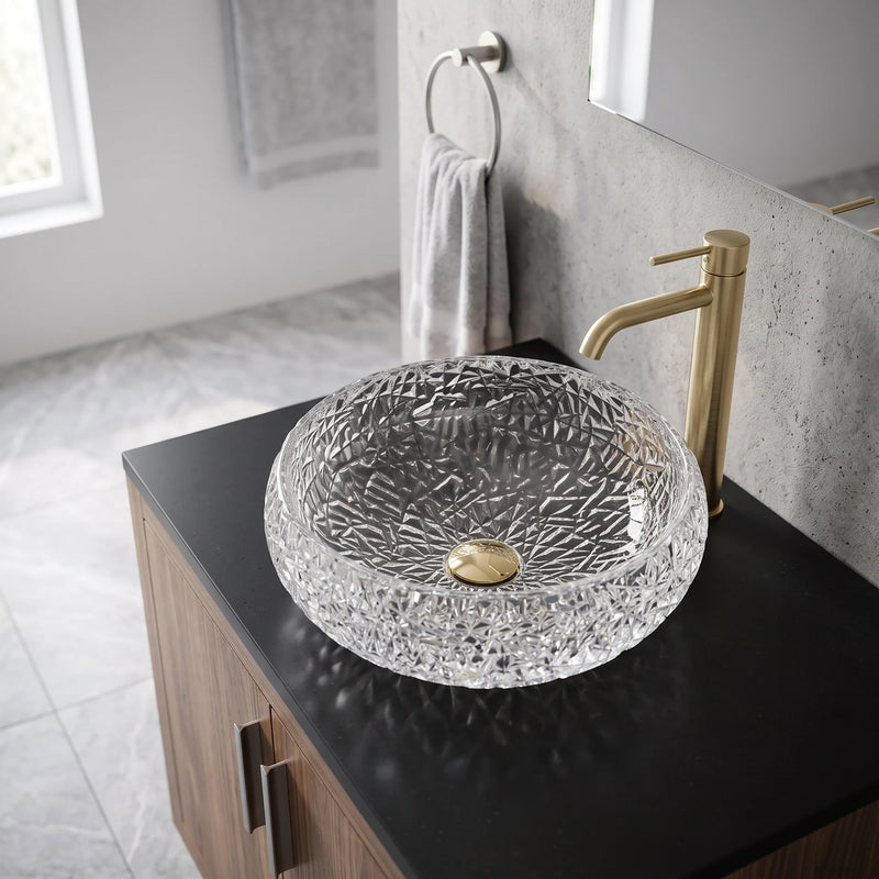 Round Glass Vessel Sink c/w O Ring - Transparent in a room setting
