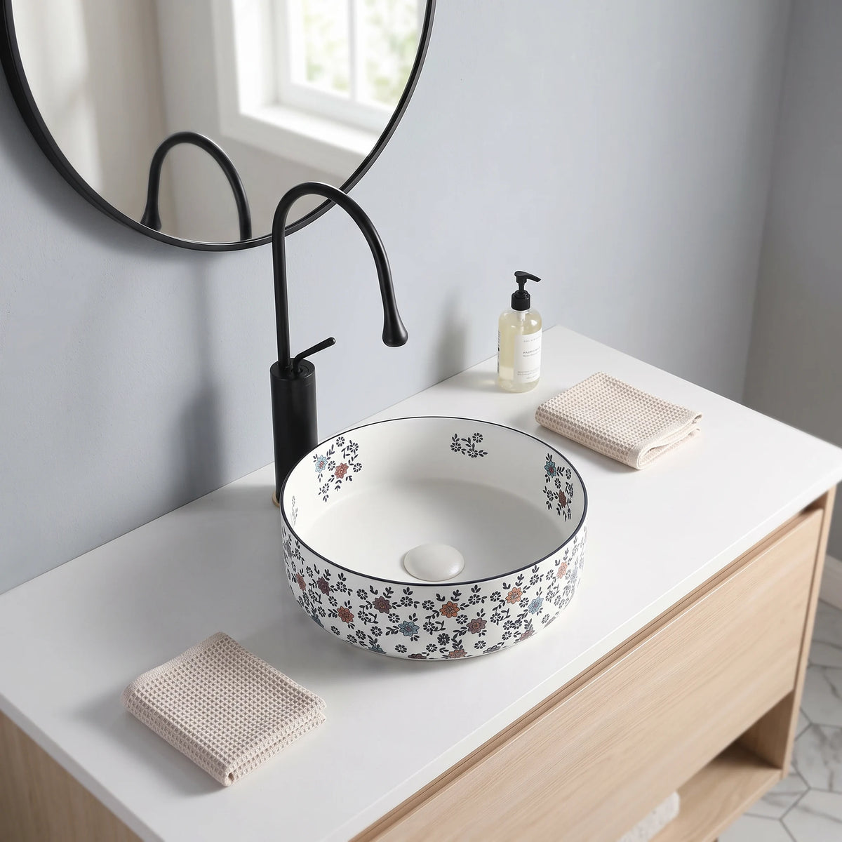 Round Above Counter Wash Basin c/w Waste - White with Flower Pattern in a room setting