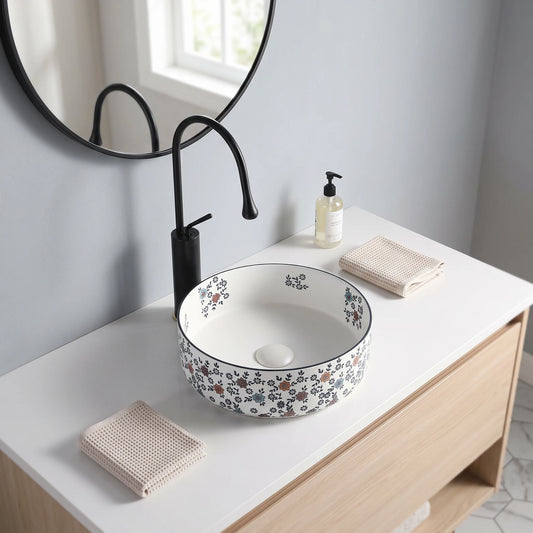 Round Above Counter Wash Basin c/w Waste - White with Flower Pattern in a room setting