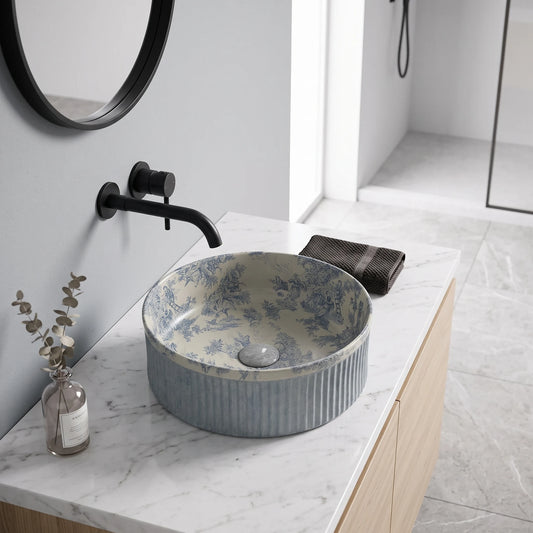 Round Above Counter Wash Basin c/w Waste - Blue with Flower Pattern in a room setting