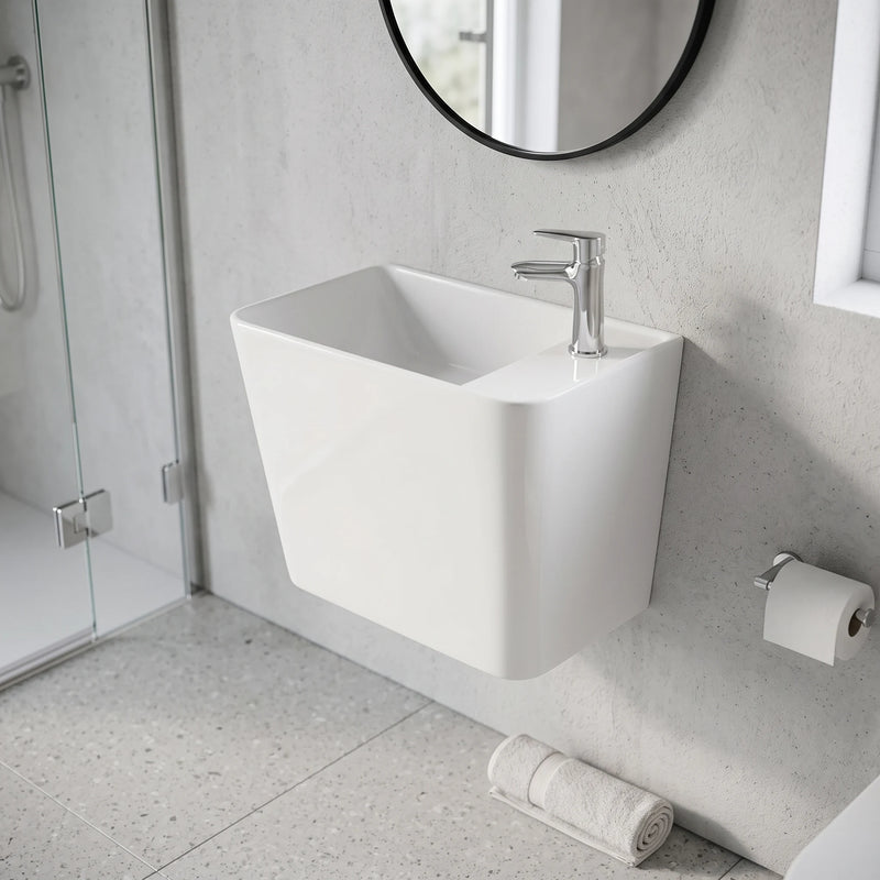Wall Hung Wash Basin c/w Fixing Bolts - White in a room setting