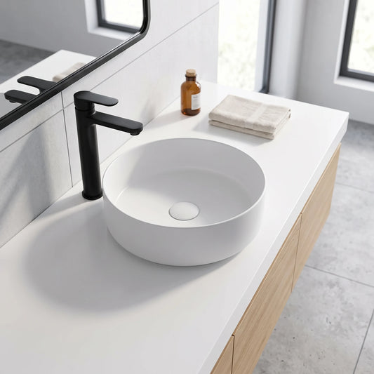 Round Wash Basin with Waste - White in a room setting