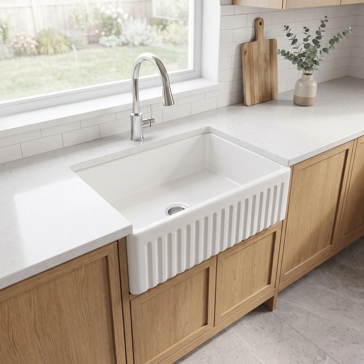 Ceramic Reversible Flat Single Bowl Apron Sink c/w Waste - White in a room setting