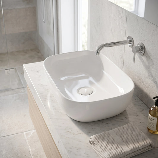 Rectangular Above Counter Wash Basin - White in a room setting