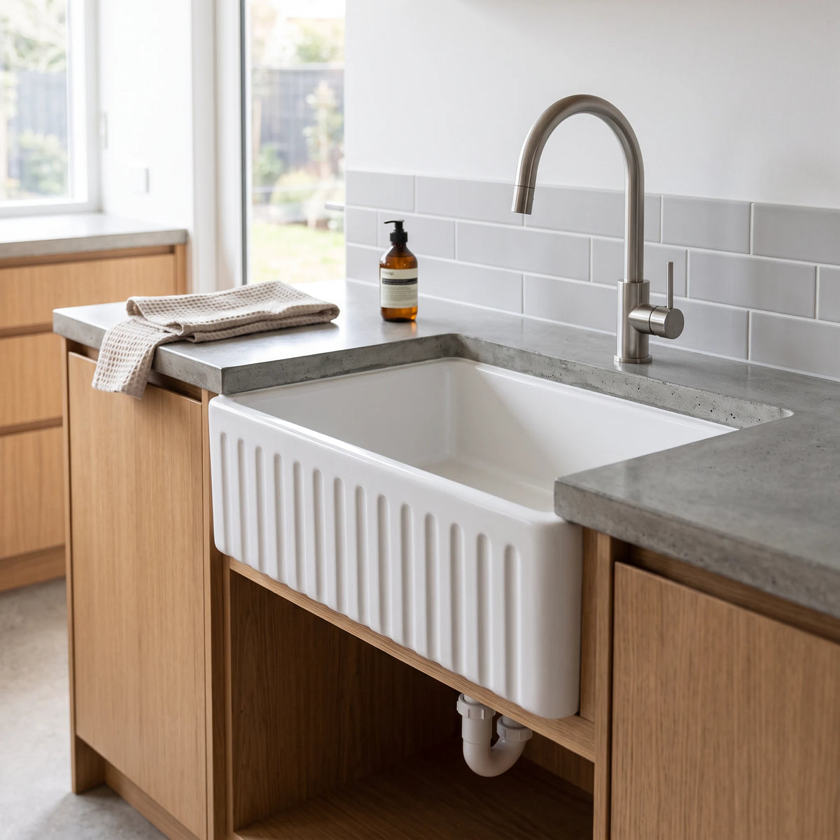 Ceramic Reversible Flat Single Bowl Apron Sink c/w Waste - White in a room setting