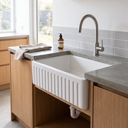 Ceramic Reversible Flat Single Bowl Apron Sink c/w Waste - White in a room setting