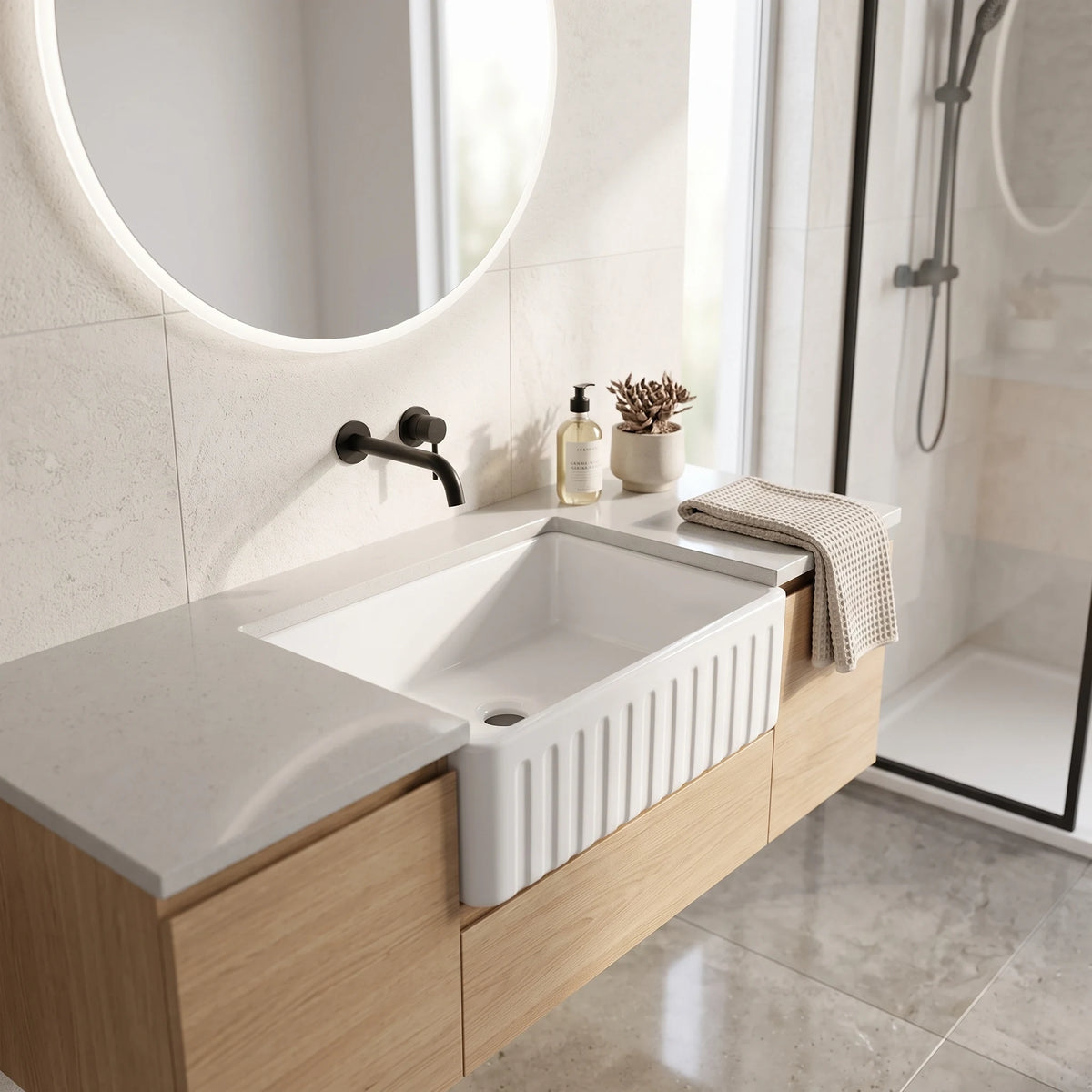 Ceramic Reversible Flat Single Bowl Apron Sink c/w Waste - White in a room setting