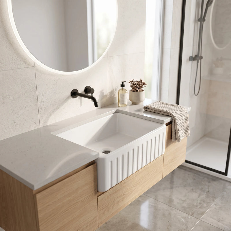 Ceramic Reversible Flat Single Bowl Apron Sink c/w Waste - White in a room setting