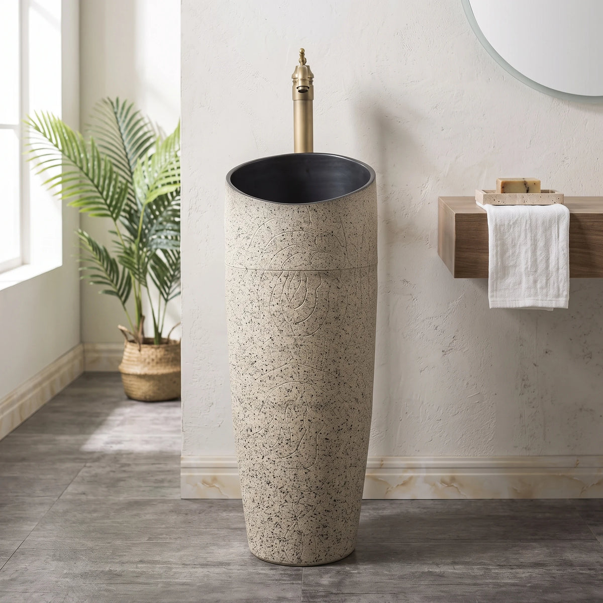 Free Standing Wash Basin - Cream Black in a room setting