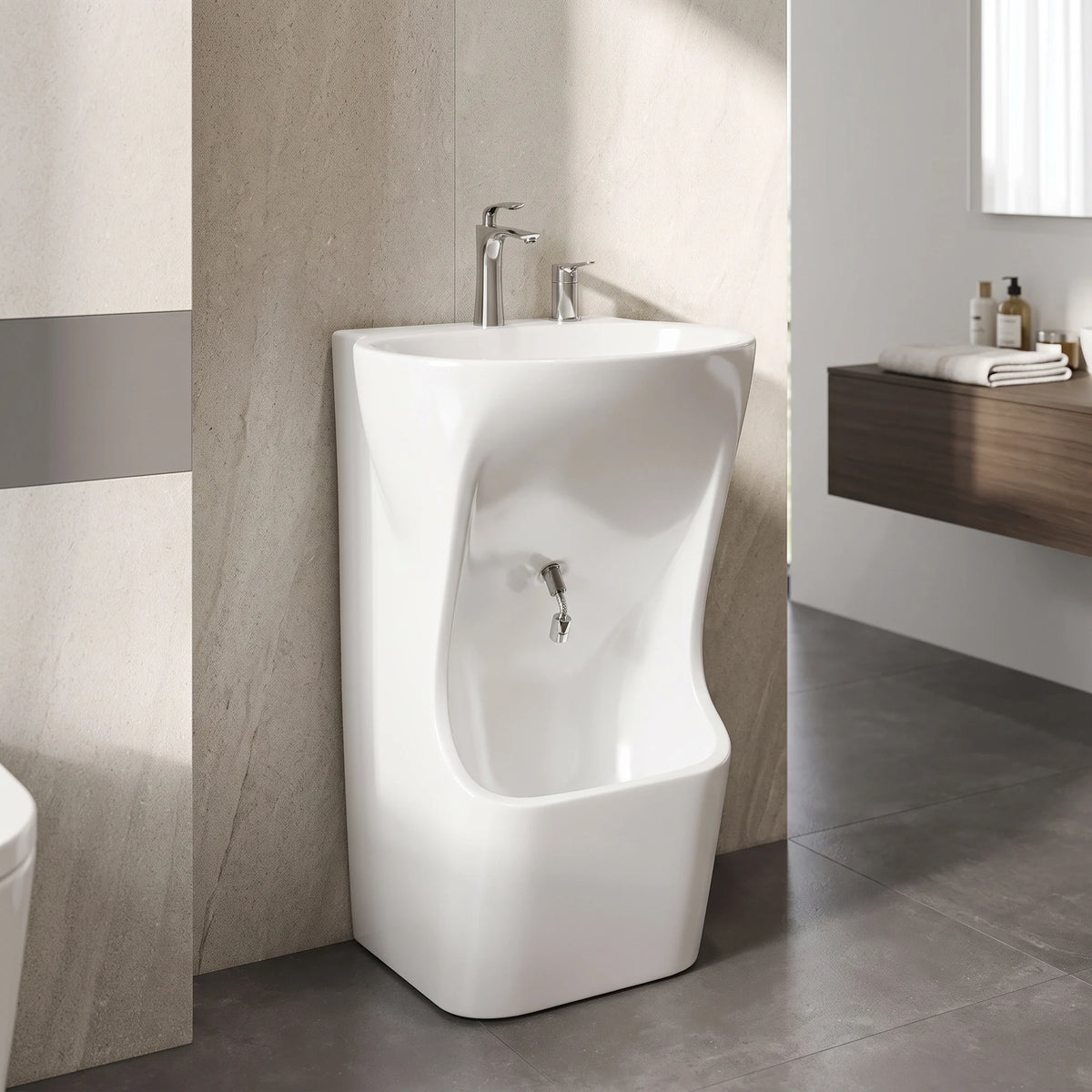 Free Standing Wudu Wash Basin w/o Tap & 2x Waste - White in a room setting