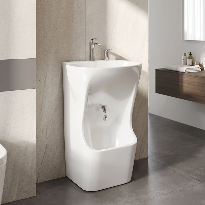 Free Standing Wudu Wash Basin w/o Tap & 2x Waste - White in a room setting