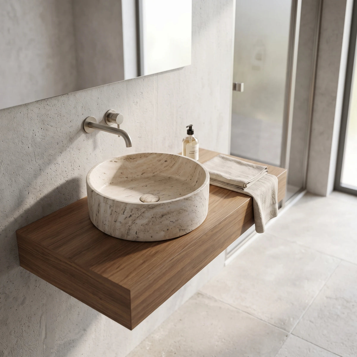 Round Artificial Stone Wash Basin c/w Waste- Beige in a room setting
