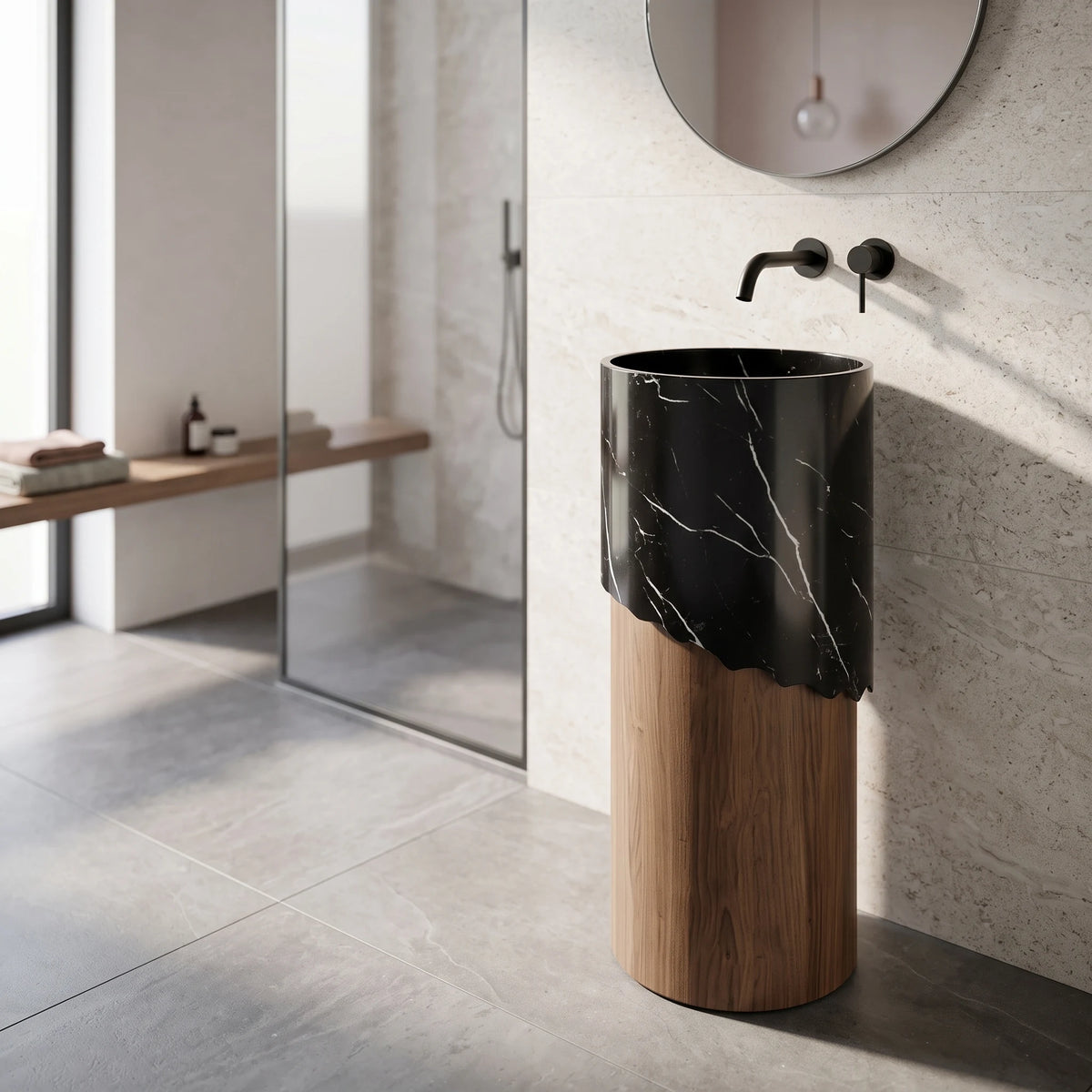 Round Free Standing Artificial Stone Basin - Black and Brown in a room setting