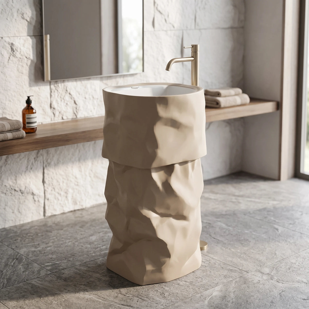 Round Free Standing Artificial Stone Basin c/w Waste - Khaki in a room setting