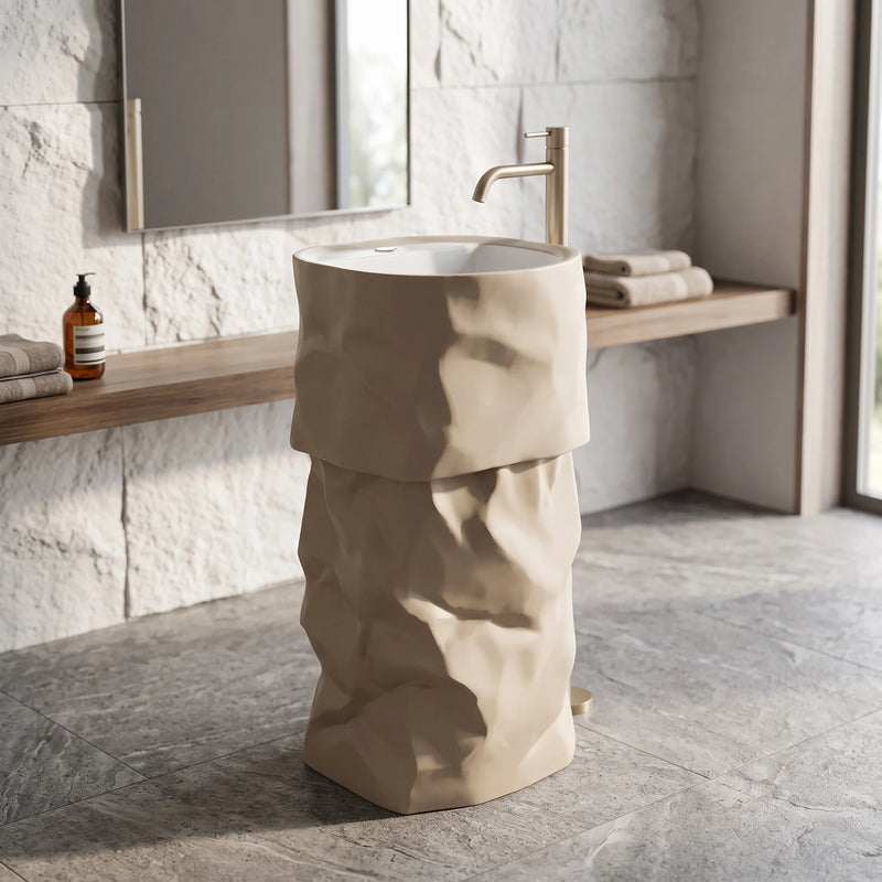 Round Free Standing Artificial Stone Basin c/w Waste - Khaki in a room setting
